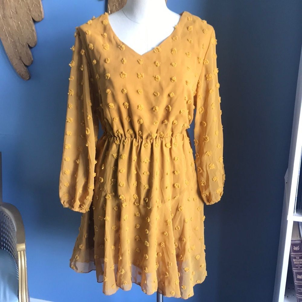 NWT Kirundo Mustard yellow Swiss dot long sleeves V neck chiffon flowy dress S